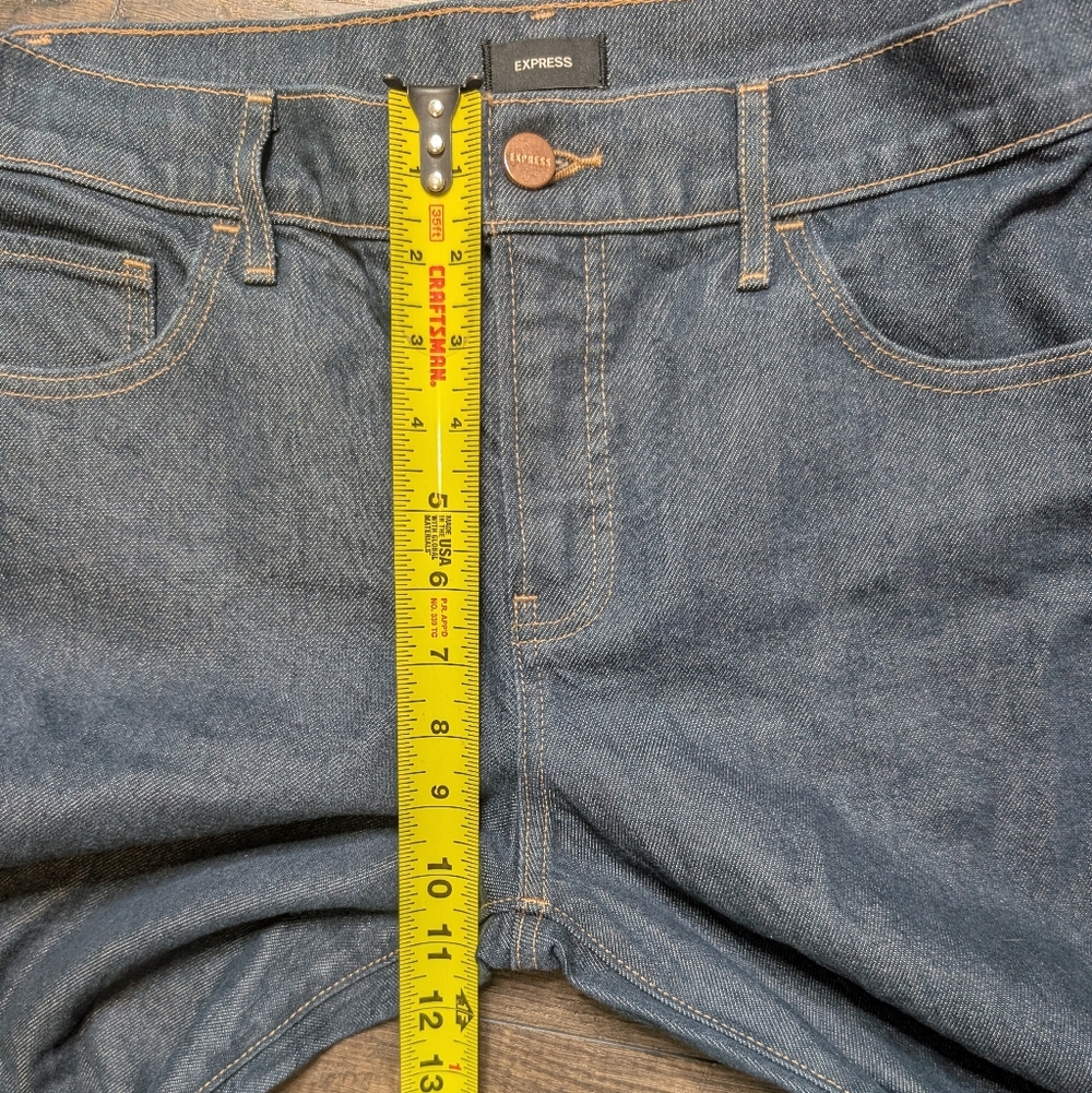 Express 70s Midrise Dark Blue Flare Gold/Copper Seam Button Accent Jeans Size 8R - Picture 4 of 8